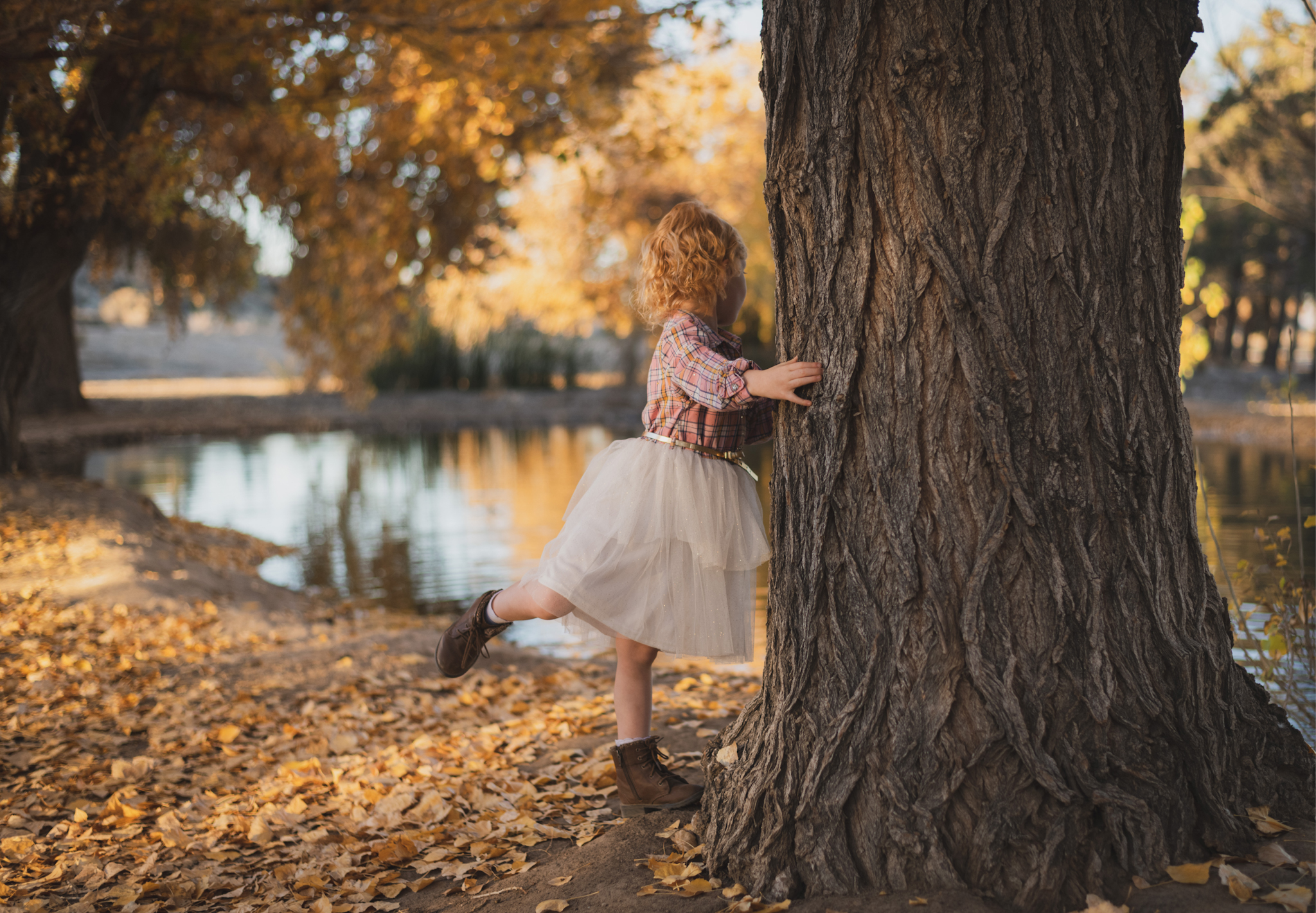 Dark and moody photo shoot of a four year old girl in a pink cowgirl dress at the Hesperia Lakes recreational park in Hesperia California. She is smiling and spinning for the inland empires best childr photographer. Big trees with lots of orange leaves are the backdrop of the lifestyle photoshoot in the high desert